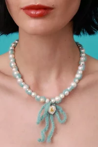 Velvet Luna Crochet Blue Cashmere Pearls Necklace