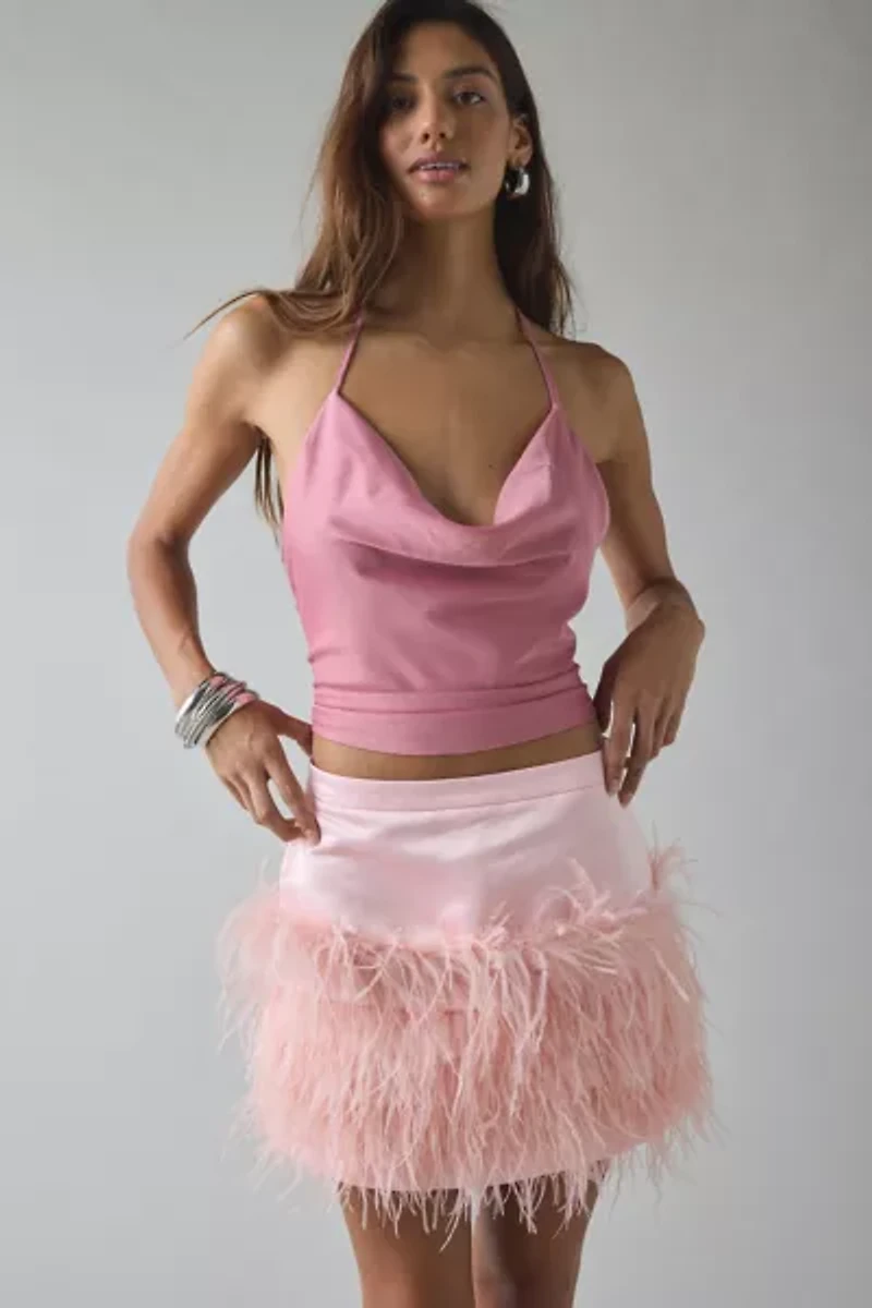 LoveShackFancy Vivette Feathered Satin Mini Skirt