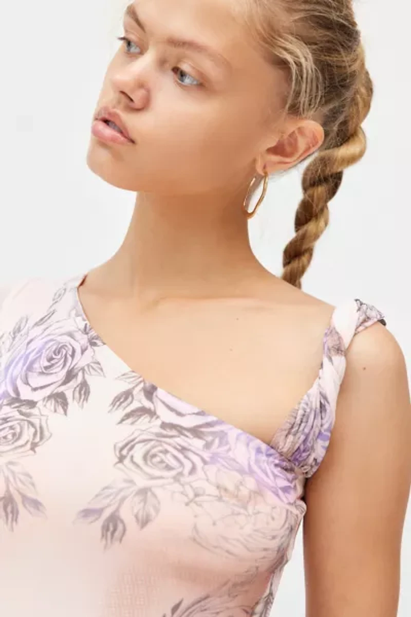 AFRM Charo Semi-Sheer Mesh Twisted Strap Asymmetric Midi Dress