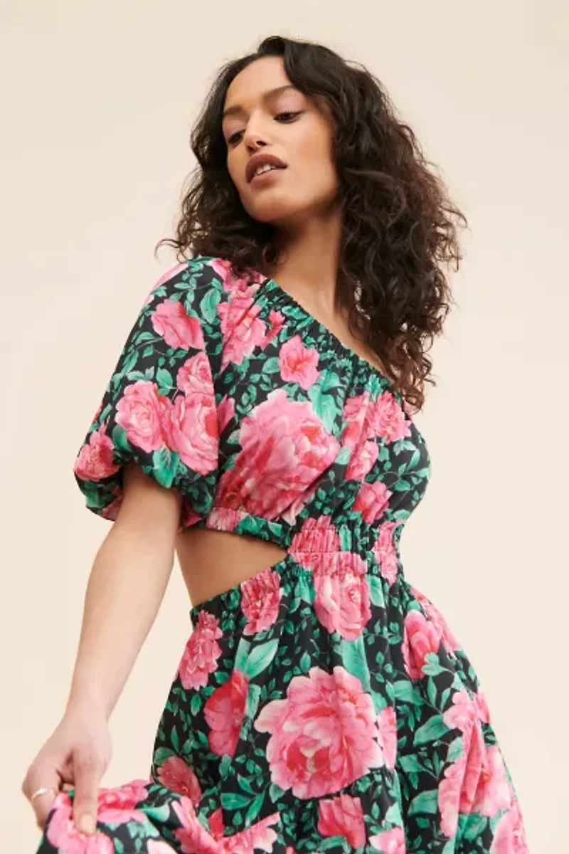 Moon River Floral Print One-Shoulder Dress