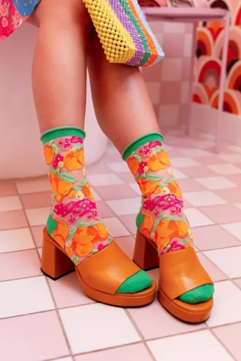 Sock Candy Orange Floral Sheer Sock
