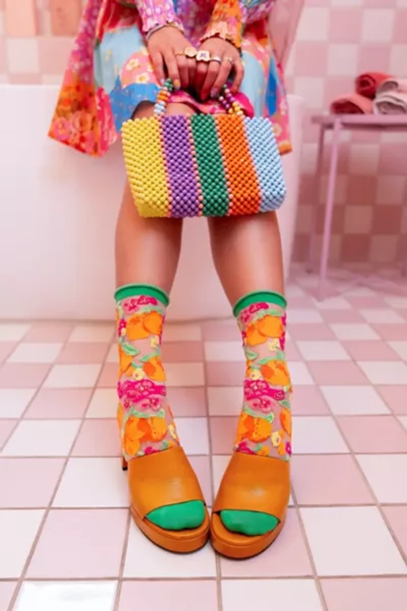 Sock Candy Orange Floral Sheer Sock