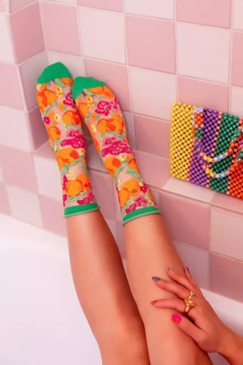Sock Candy Orange Floral Sheer Sock