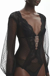 Thistle + Spire Constellation Dotted Mesh Long Sleeve Bodysuit