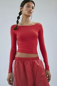 Out From Under Cropped Cotton Compression Boatneck Long Sleeve Top