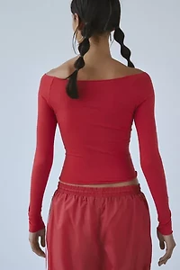 Out From Under Cropped Cotton Compression Boatneck Long Sleeve Top