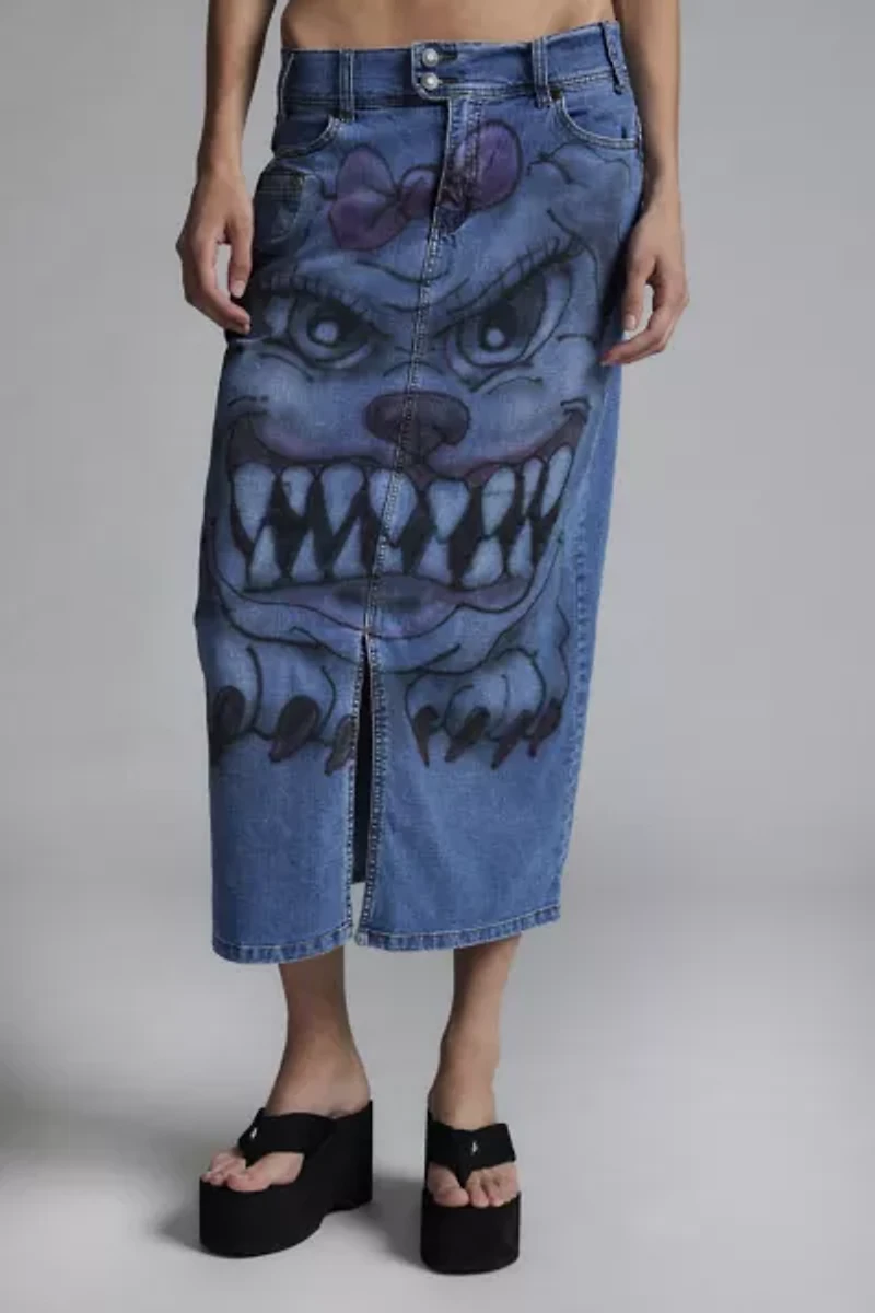 Loyal Pup Custom Airbrush Remade Denim Midi Skirt