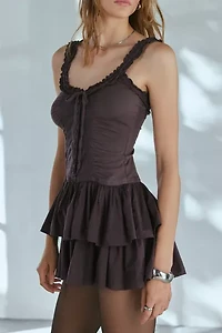 Ecote Olive Ruffled Drop Waist Milkmaid Mini Dress