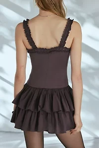 Ecote Olive Ruffled Drop Waist Milkmaid Mini Dress