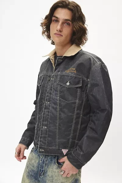 GUESS ORIGINALS Washed Denim Printed Nylon Trucker Jacket