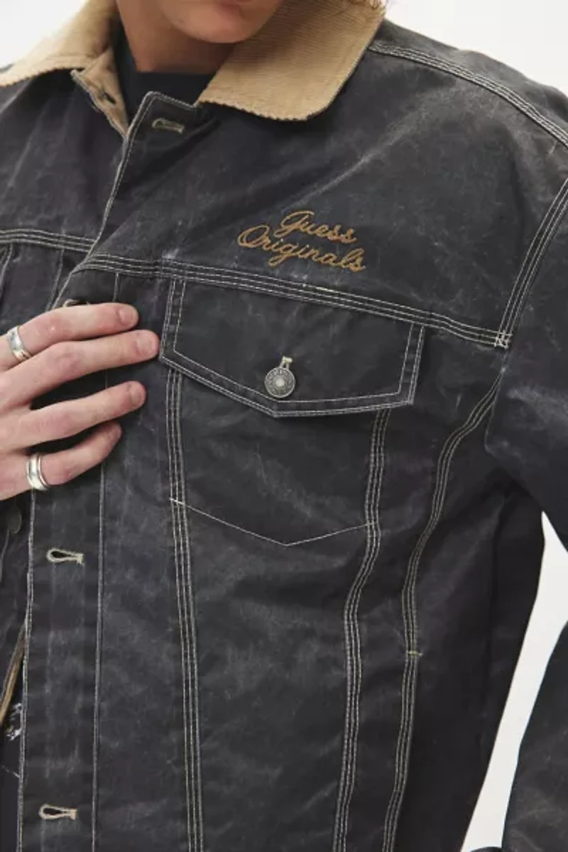 GUESS ORIGINALS Washed Denim Printed Nylon Trucker Jacket