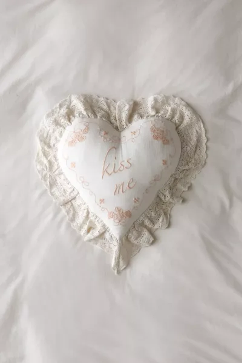 Kiss Me Embroidered Ruffle Heart Throw Pillow