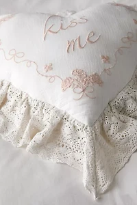 Kiss Me Embroidered Ruffle Heart Throw Pillow