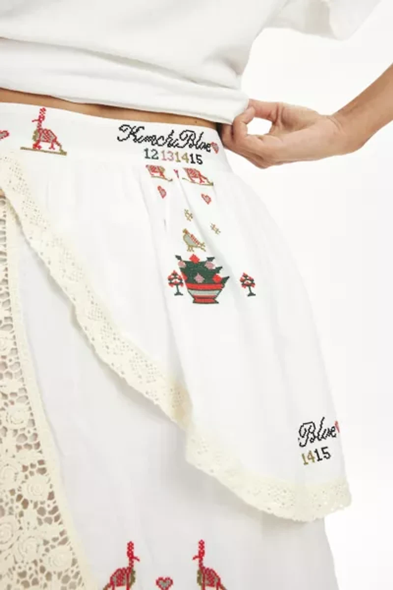 Kimchi Blue Celia Embroidered Lace Trim Tiered Midi Skirt