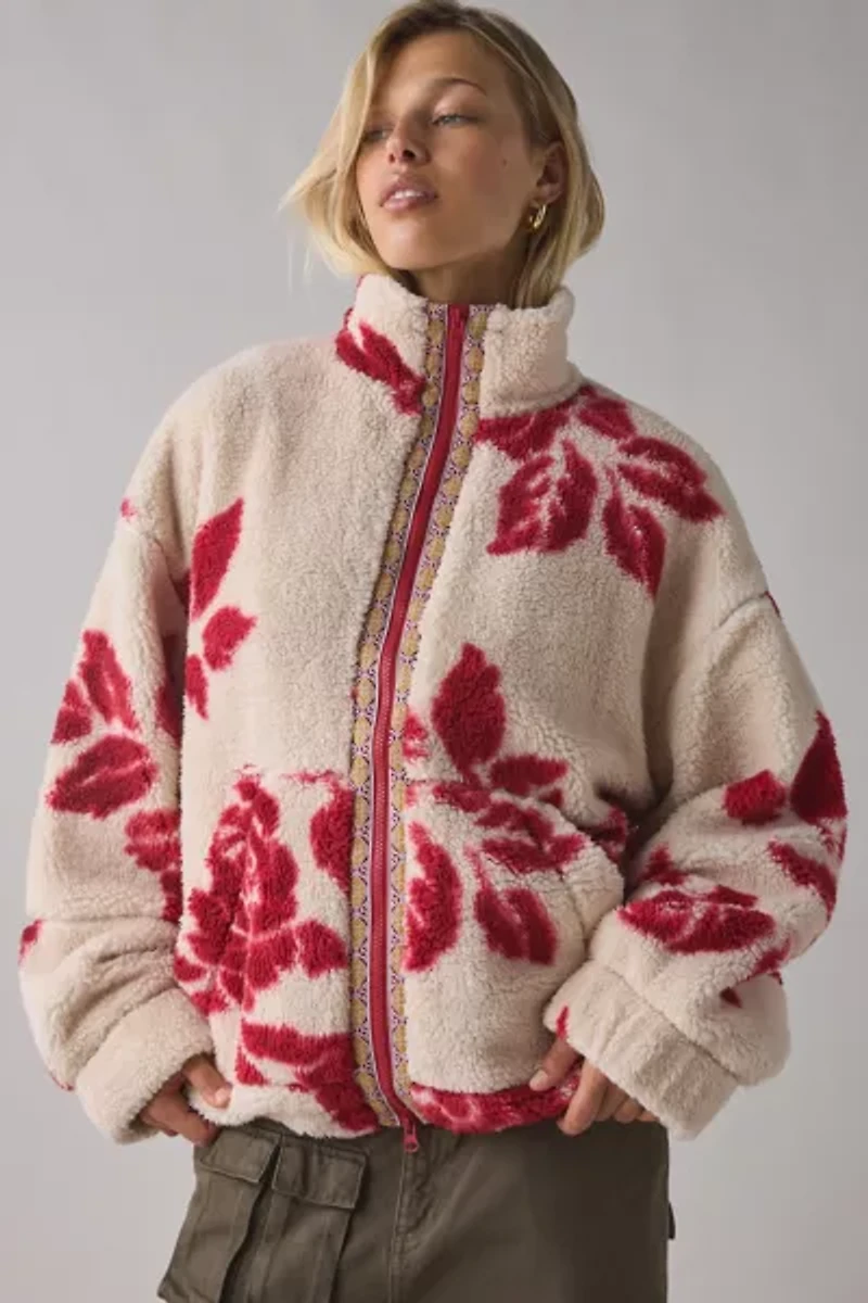 BDG Mae Printed Piled Fleece Zip-Up Jacket