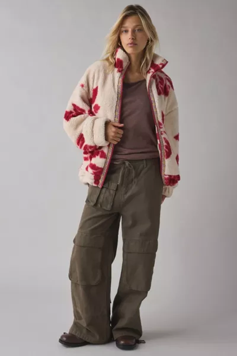 BDG Mae Printed Piled Fleece Zip-Up Jacket