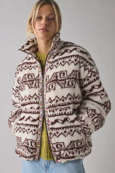 BDG Mae Printed Piled Fleece Zip-Up Jacket