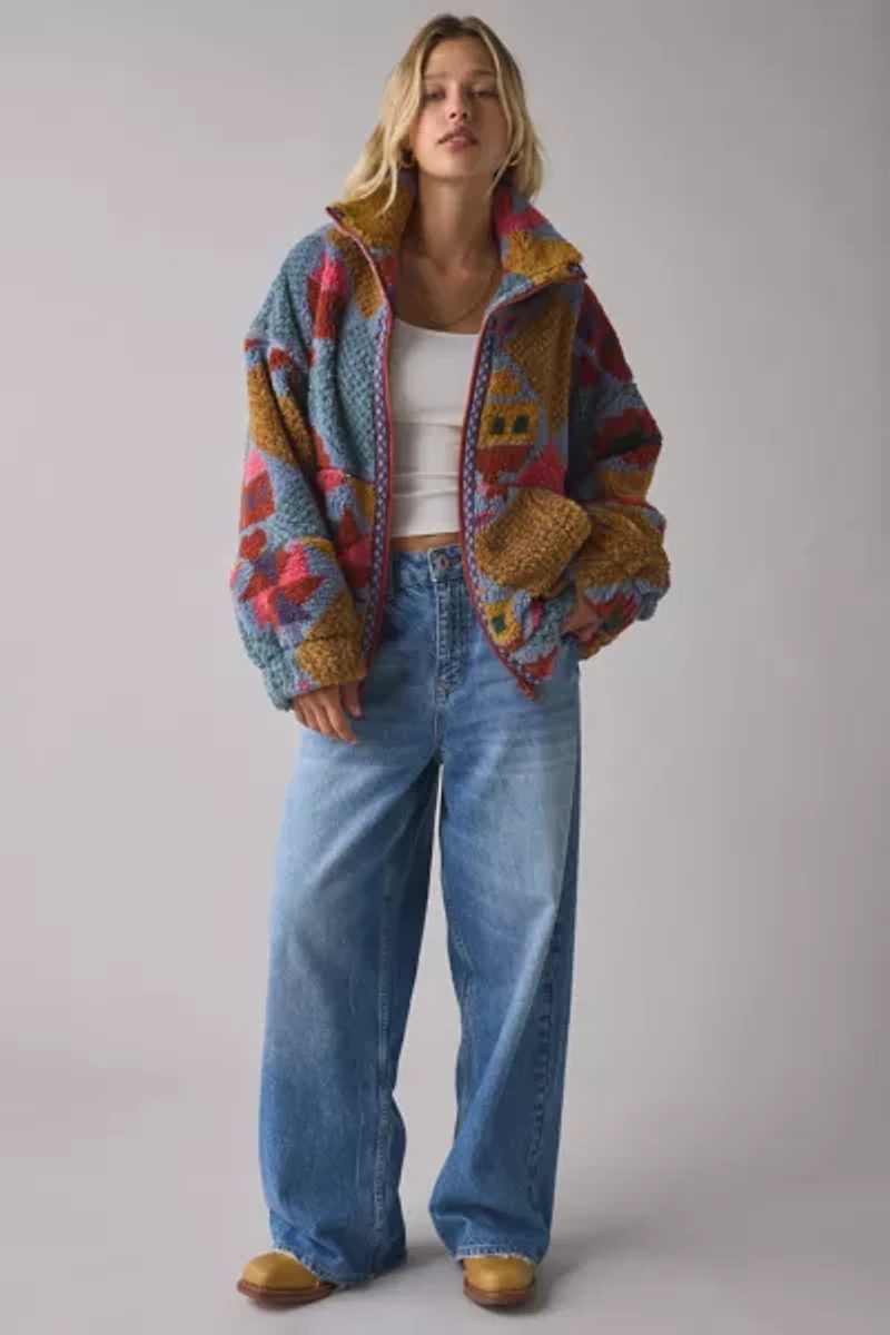 BDG Mae Printed Piled Fleece Zip-Up Jacket