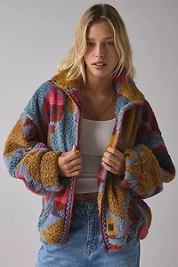 BDG Mae Printed Piled Fleece Zip-Up Jacket