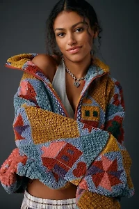 BDG Mae Printed Piled Fleece Zip-Up Jacket