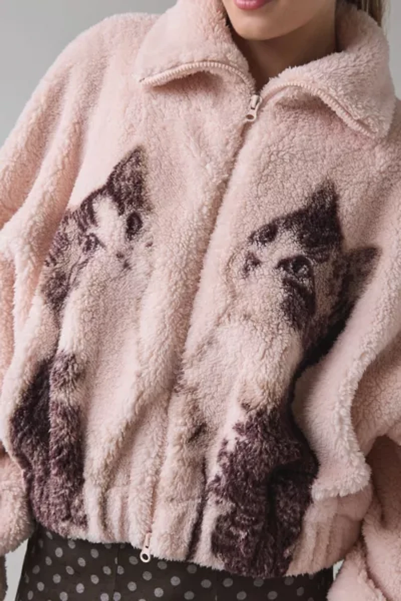 Kimchi Blue Snow Bunny Printed Piled Fleece Zip-Up Jacket