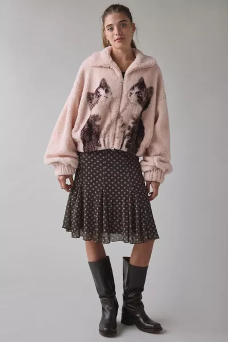 Kimchi Blue Snow Bunny Printed Piled Fleece Zip-Up Jacket