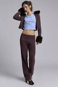 House Of Sunny Chocolate Peggy Faux Fur Trim Zip-Up Sweater
