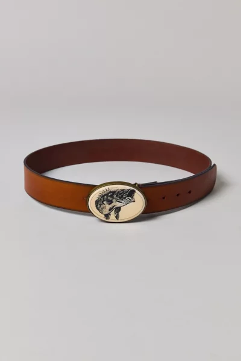 Fish-Printed Oval Buckle Leather Belt