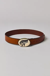 Fish-Printed Oval Buckle Leather Belt