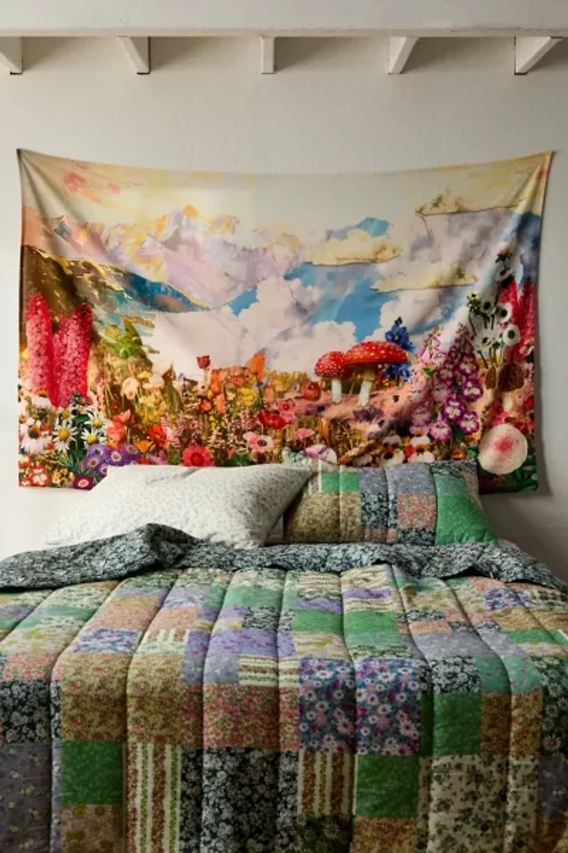 Collage Blooms Floral Mushroom Printed Tapestry