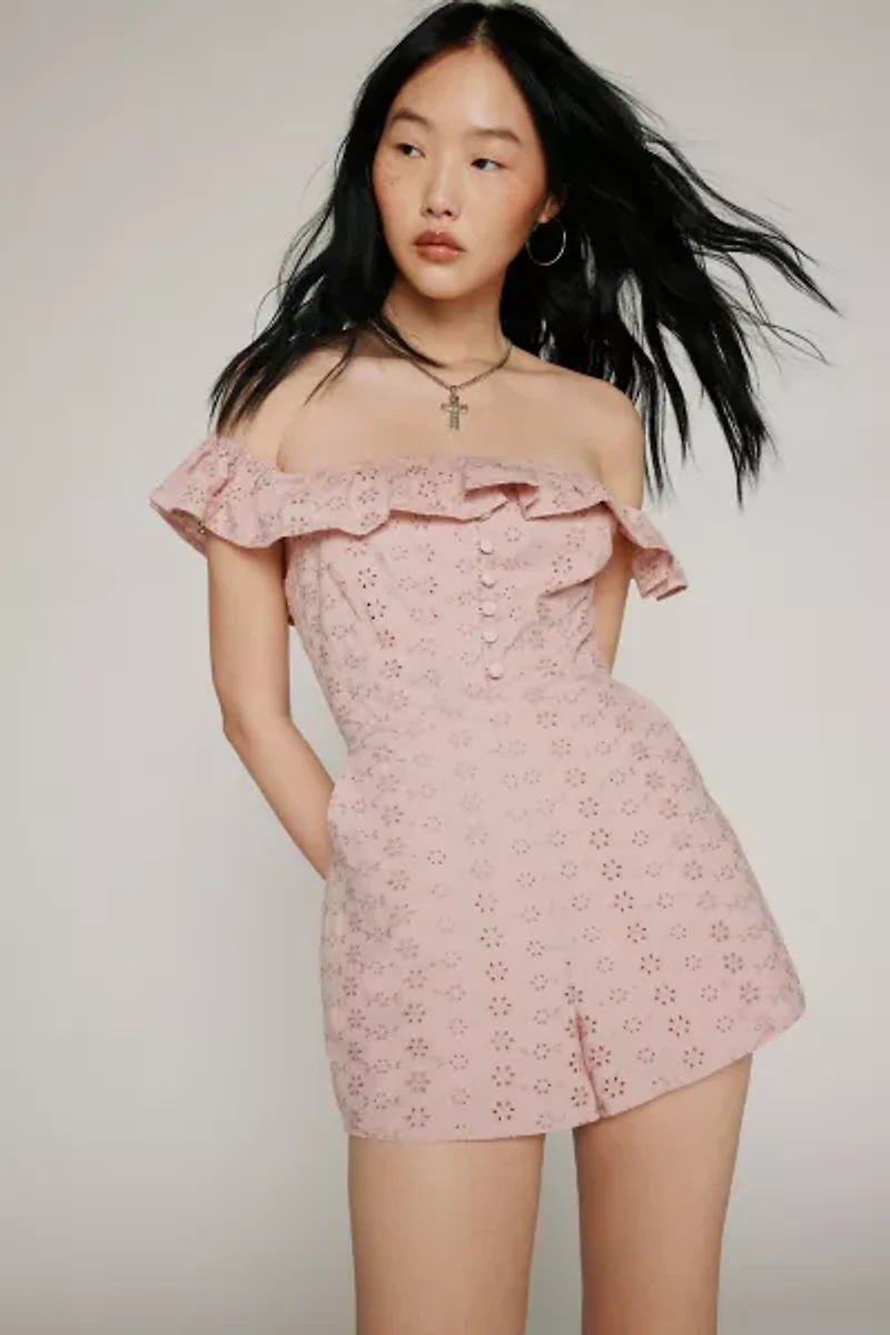 Jeena Eyelet Off-The-Shoulder Romper