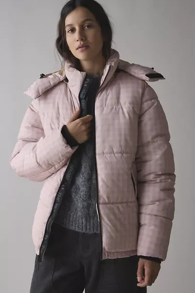 The Very Warm Pink Gingham Check Hooded Puffer Coat