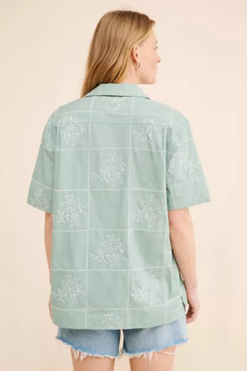 BDG Men's Floral Windowpane Embroidered Shirt