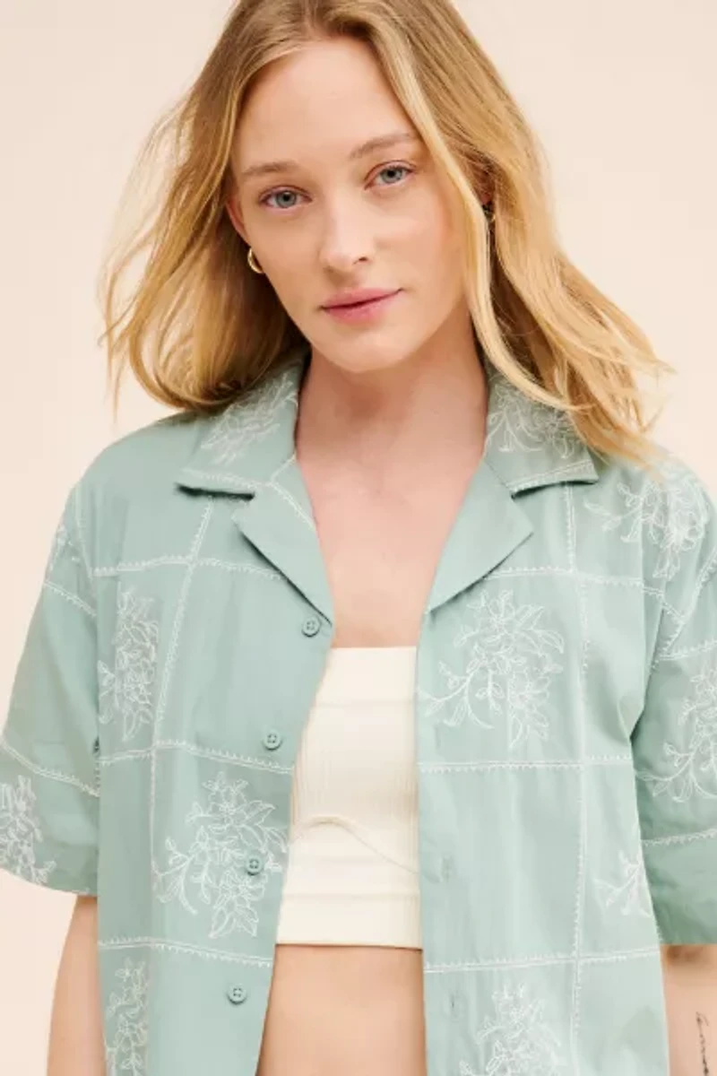 BDG Men's Floral Windowpane Embroidered Shirt