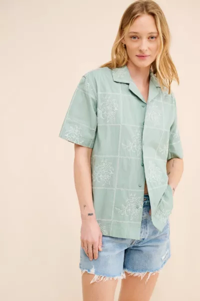 BDG Men's Floral Windowpane Embroidered Shirt