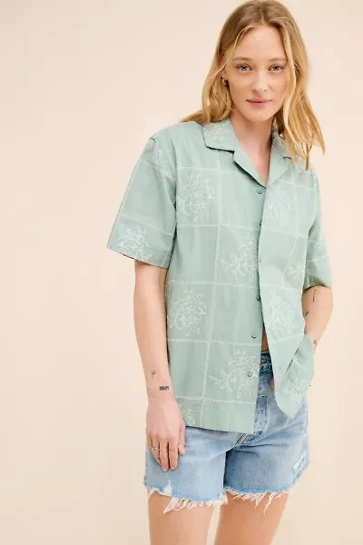 BDG Men's Floral Windowpane Embroidered Shirt