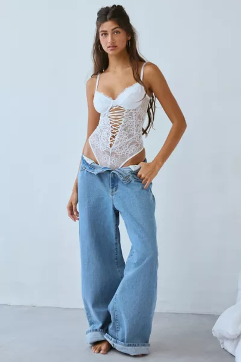 Mucci Aryanna Sheer Lace Corset-Tie Bodysuit