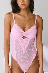 Mucci Luna Lace Trim Swiss Dotted Mesh Cutout Bodysuit