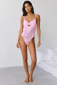 Mucci Luna Lace Trim Swiss Dotted Mesh Cutout Bodysuit