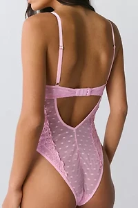 Mucci Luna Lace Trim Swiss Dotted Mesh Cutout Bodysuit