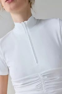 WMWM Gathered Mockneck Quarter-Zip Short Sleeve Top