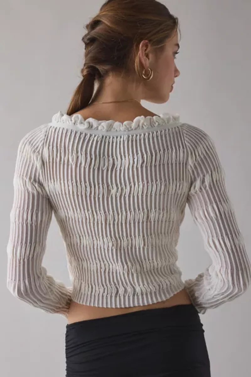 WMWM Ruffle Trim Ribbed Knit Cardigan