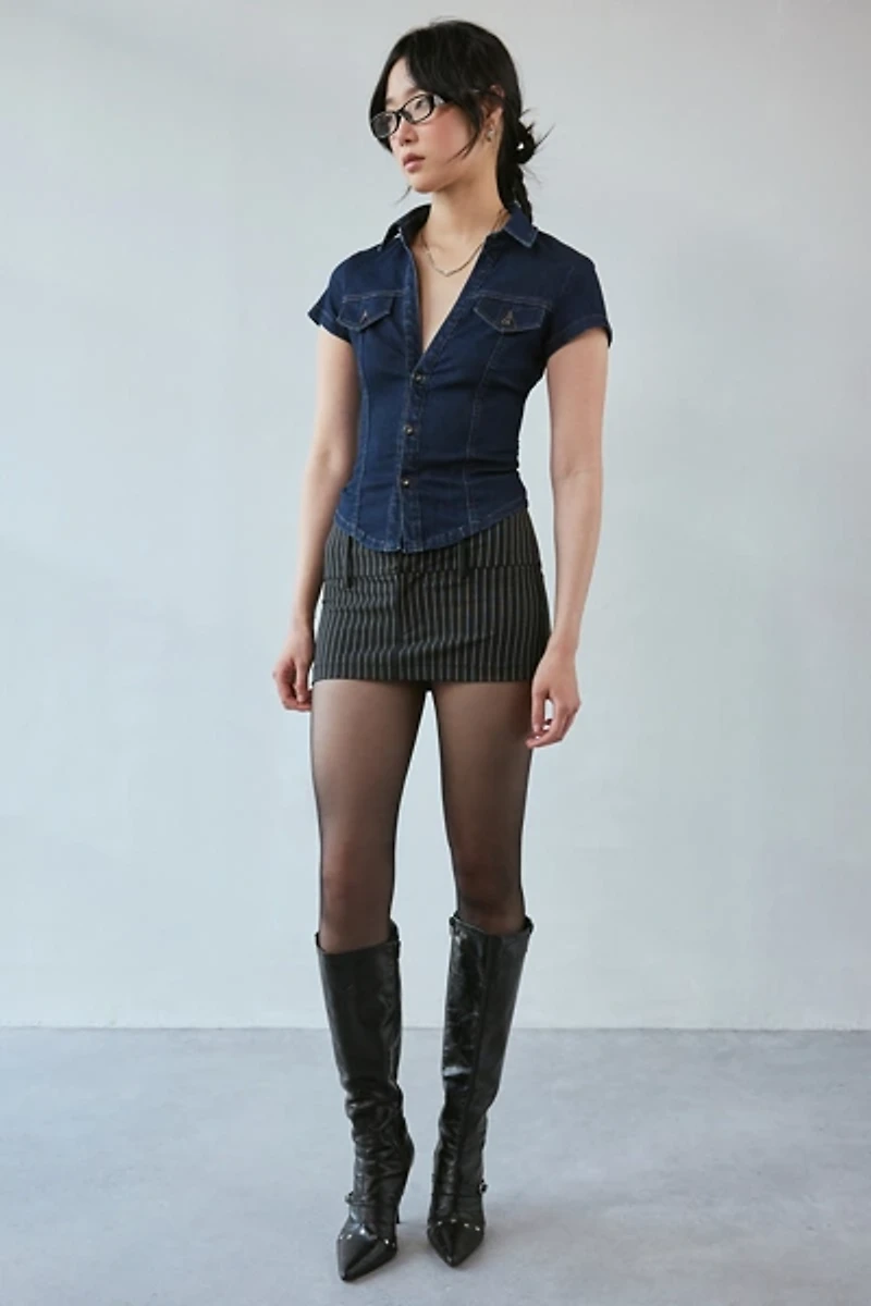 BDG Polly Slim Denim Short Sleeve Snap-Button Shirt