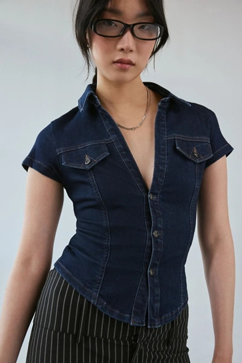 BDG Polly Slim Denim Short Sleeve Snap-Button Shirt