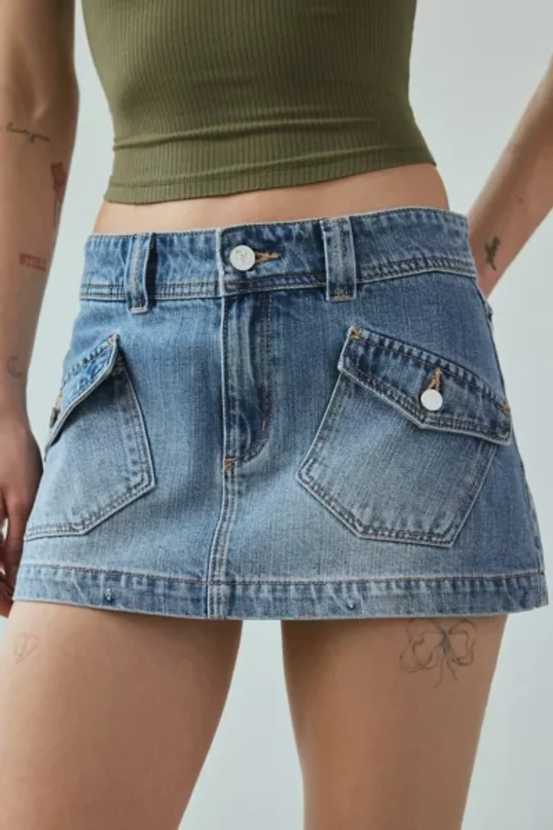 Abrand 99 Liv Low-Rise Flap Pocket Denim Micro Mini Skirt