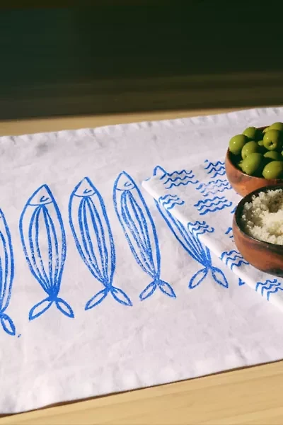 Julie Peach Block Printed Sardines Table Runner