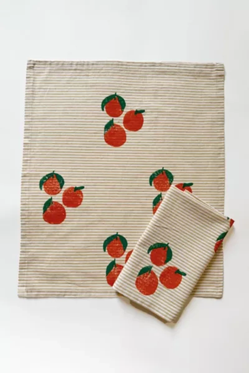 Julie Peach Block Printed Tangerine Stripe Napkin Set