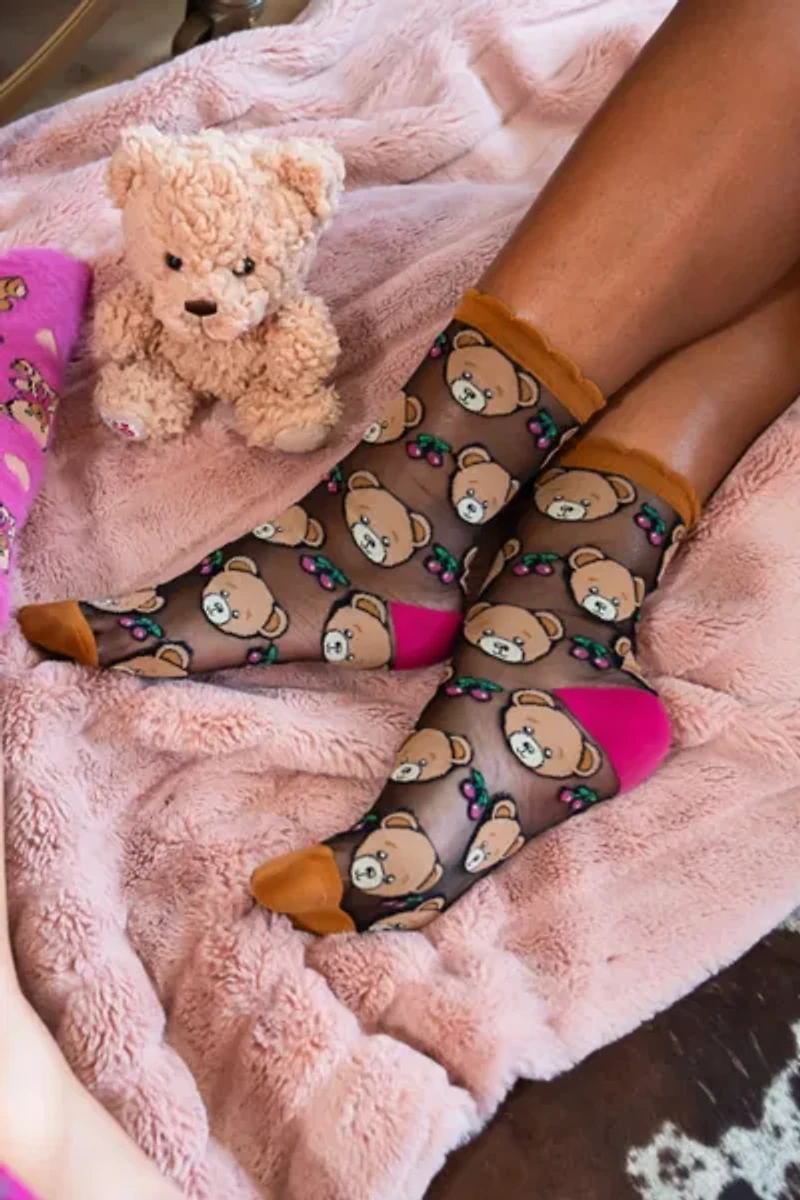 Sock Candy Teddy Bear Ruffle Black Sheer Sock