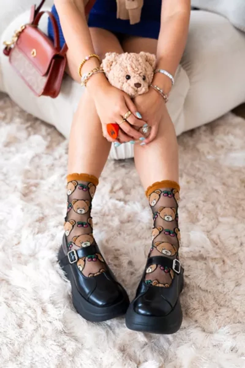 Sock Candy Teddy Bear Ruffle Black Sheer Sock