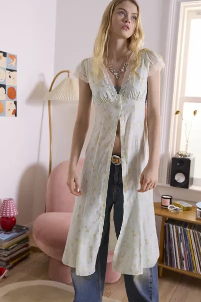 Kimchi Blue Faye Button-Down Lace Trim Midi Dress
